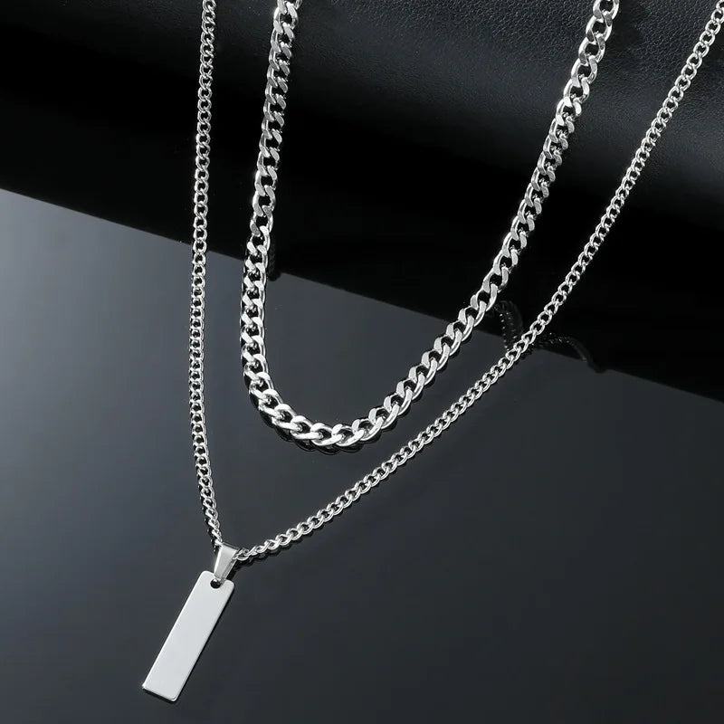 2PCS Unisex Stainless Steel Minimalist Multi-Color Simple Rectangular Pendant Necklace with Snake Chain Chokers Necklaces
