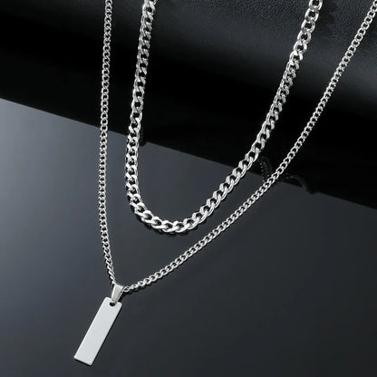 2PCS Unisex Stainless Steel Minimalist Multi-Color Simple Rectangular Pendant Necklace with Snake Chain Chokers Necklaces