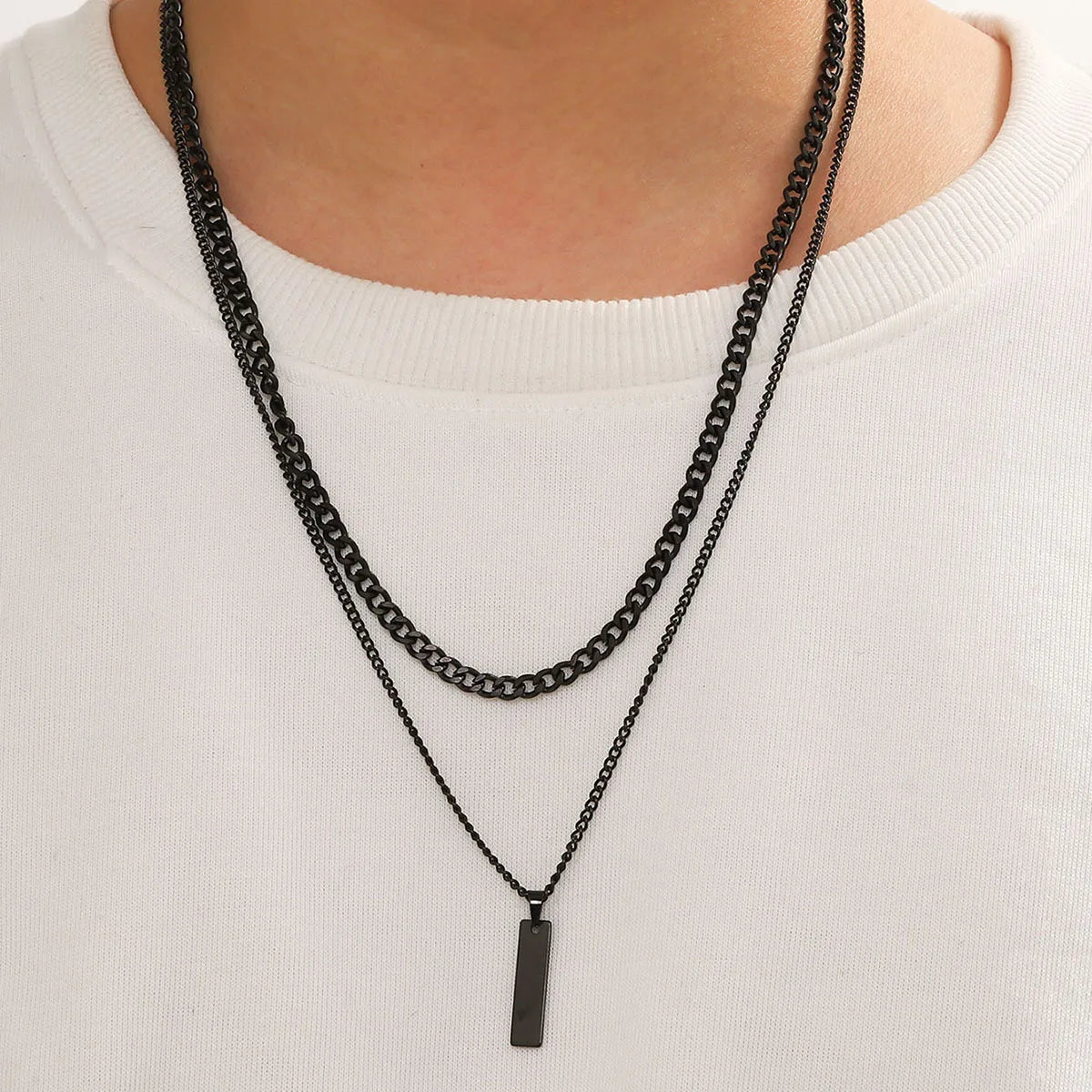 2PCS Unisex Stainless Steel Minimalist Multi-Color Simple Rectangular Pendant Necklace with Snake Chain Chokers Necklaces