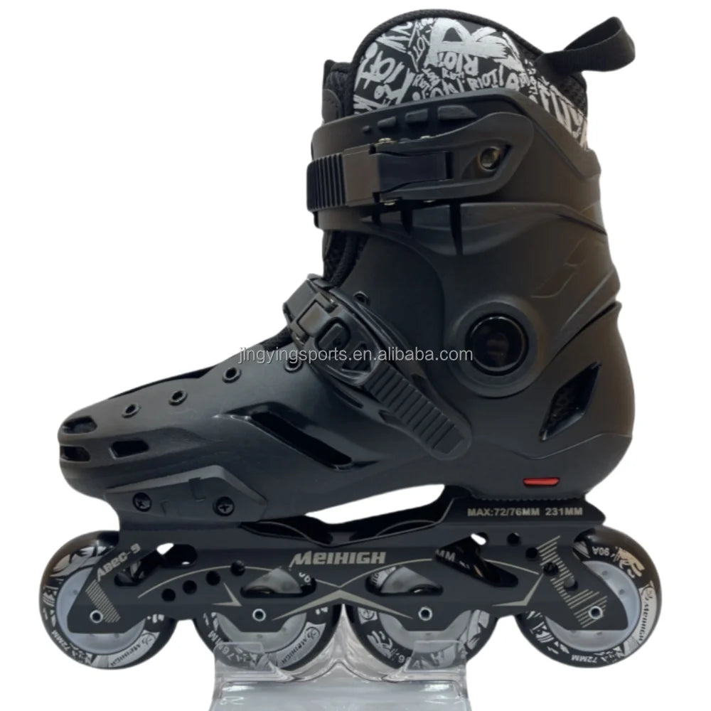 Jing Stock Urban Freestyle Slalom Black White 4 Wheels Hard Boot Roller Inline Skate for Adult