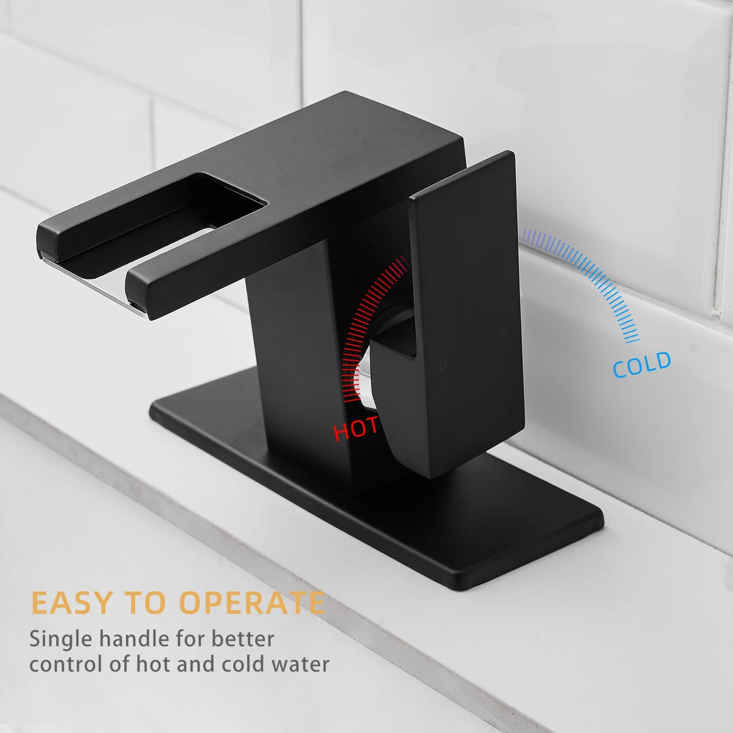 LED Modern  1-Hole Black 304 Stainless Steel Waterfall Bathroom Faucet Anti-Rust Lead Free Basin Faucet with Deck Plate