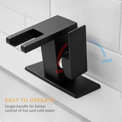LED Modern  1-Hole Black 304 Stainless Steel Waterfall Bathroom Faucet Anti-Rust Lead Free Basin Faucet with Deck Plate