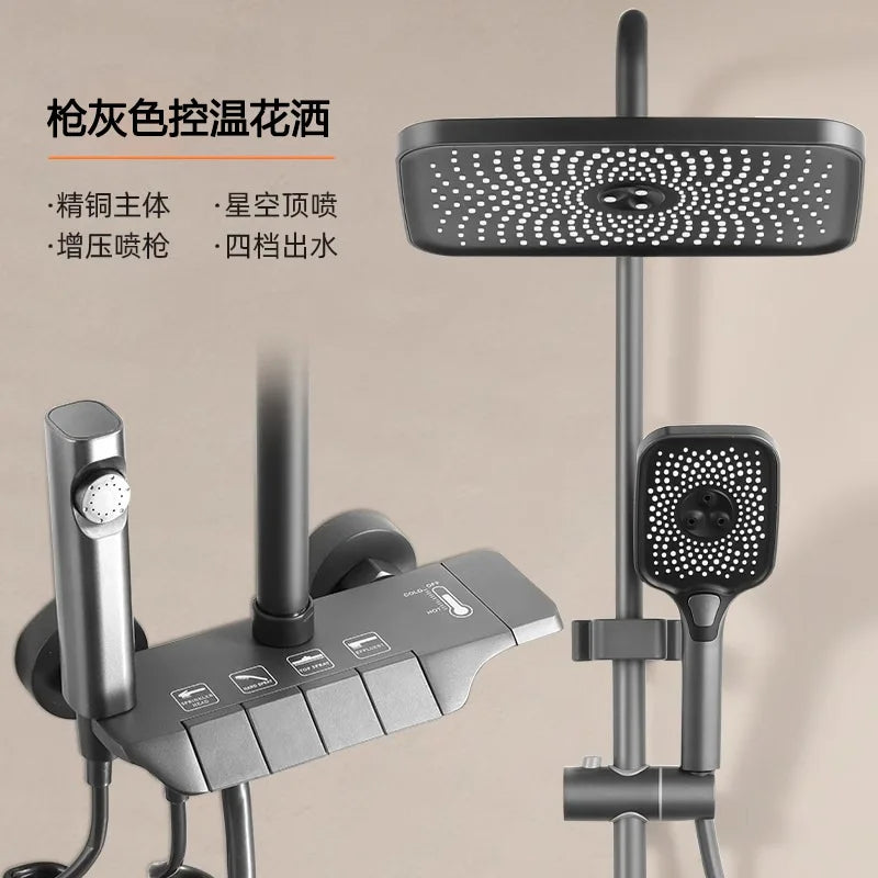 Deao 2024 New Designer Exposed Gray Color 4 Push Button Piano Key Digital Shower Faucet Mixer Set With Rainfall Shower Head