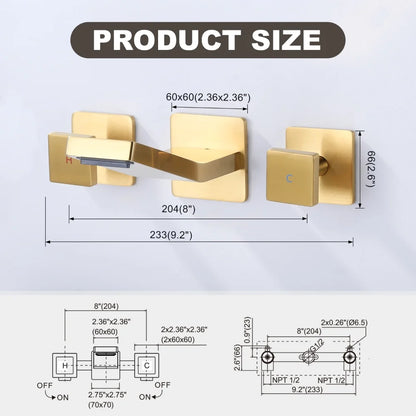 Brushed Gold Vessel Sink Faucet 2 Handles Basin Mixer Tap Rough in Valve Included, 3 Holes Bathroom Faucet Wall Mount