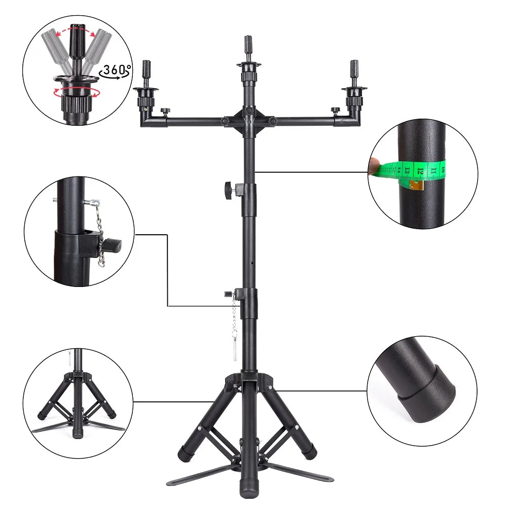 Space-Saving 3-Head Wig Tripod Stand Adjustable Professional Salon Mannequin Stand 50" for Multiple Wigs Display