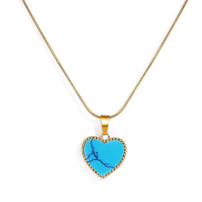 Heart Necklace for Women Synthetic Blue Turquoise Inlay Gold Color Stainless Steel Heart Pendant Necklace Gift