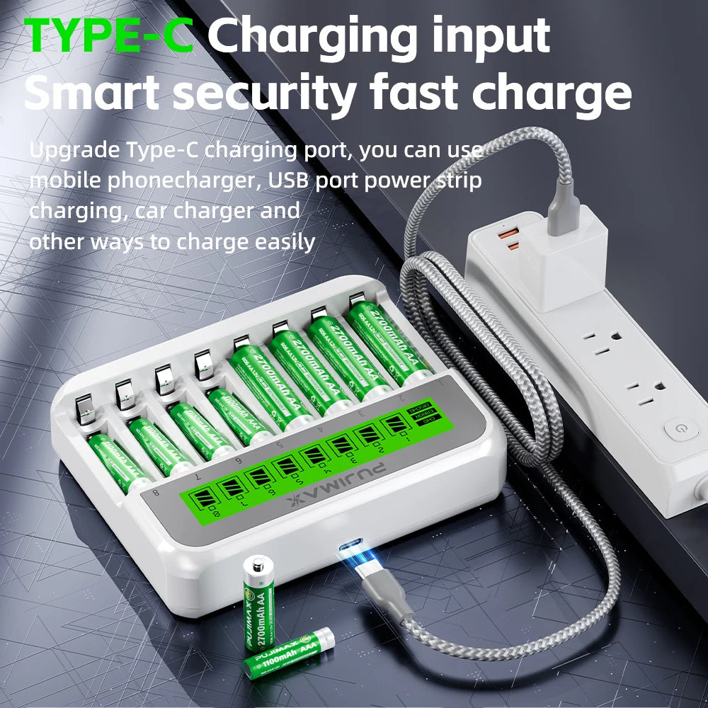 PUJIMAX Eight Slot AA AAA Battery Charger Ni-cd Nickel-Metal Hydride Battery Portable Battery Charger with Overcharge Protection