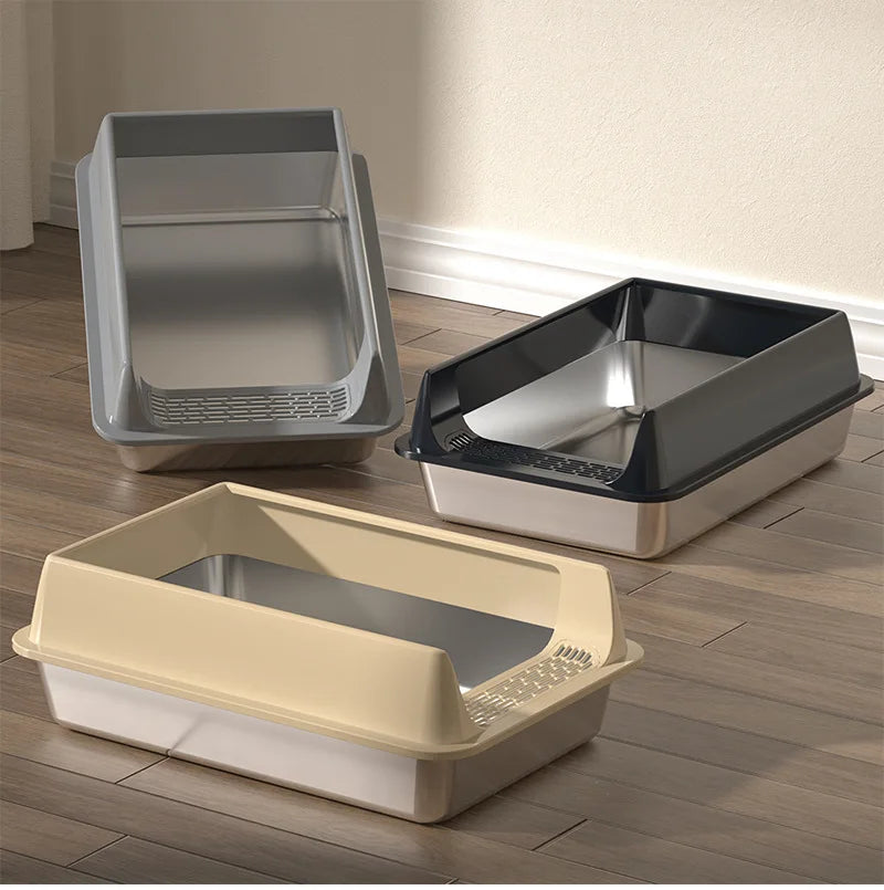 Stainless Steel Semi-closed Rectangular Cat Litter Box with Top-in Lid Anti-splash High Fence Pet Cleaning