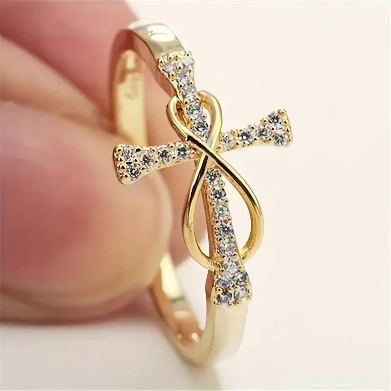 H332 Cross Ring Women's Gold Tone Cubic Zirconia Pave Setting Christian Religious Gift Fashion Jewelry
