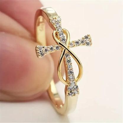 H332 Cross Ring Women's Gold Tone Cubic Zirconia Pave Setting Christian Religious Gift Fashion Jewelry