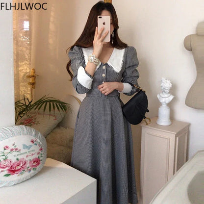 2021 Autumn Spring Basic Belt Plaid Shirt Dress Long Maxi Feminine Vestidos Chic Korea Design Clothes