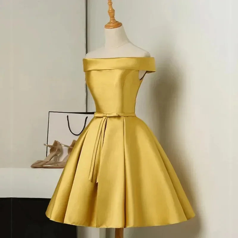 S-XXL Golden Off the Shoulder a Line Cocktail Dresses Lace up Satin Short Party Dresses Elegant Wedding Bridesmaid Evening Gown