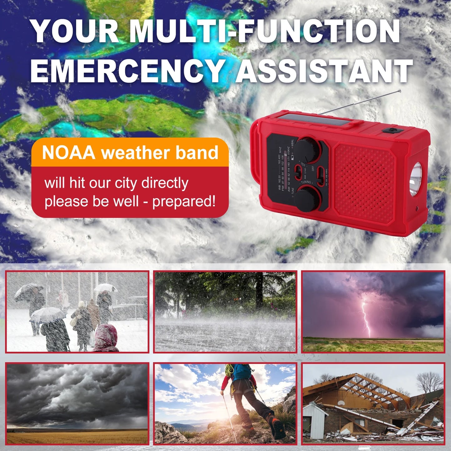 Solar Crank Portable Radio AM FM NOAA Weather Radio with 5000mAh Power Bank Flashlight & Reading Lamp