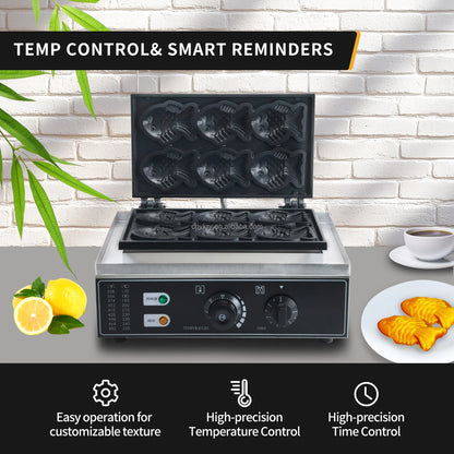 Taiyaki Electric 6 Slices  Fish-Shaped Waffles 1400W Double-Sided Heating Stainless Steel Mini Waffle Machine Snack Machine