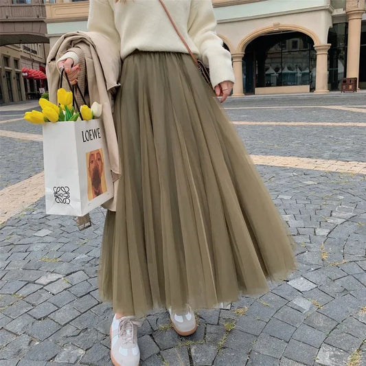 TingYiLi Elegant Tulle Skirt Autumn Winter Big Swing Women Skirt Korean Cute Pink Green Gray Blue Brown Black Long Skirt Tutu by PDG ibma