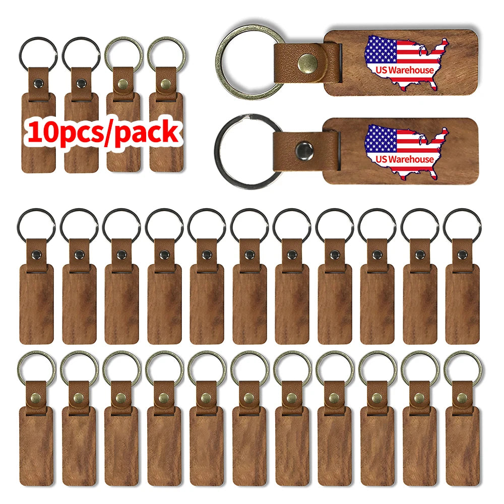 Stock 10pcs Wooden Blank Keychain for Engraving Painting Keychains With Leather Strap Keychain for Key Tag Luggage Tag Gift
