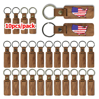 Stock 10pcs Wooden Blank Keychain for Engraving Painting Keychains With Leather Strap Keychain for Key Tag Luggage Tag Gift