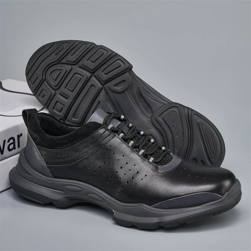 Men's Genuine Leather Casual Shoes Round Toe Lace-up Light Weight Spring Rubber Outsole EVA Midsole Mesh Lining