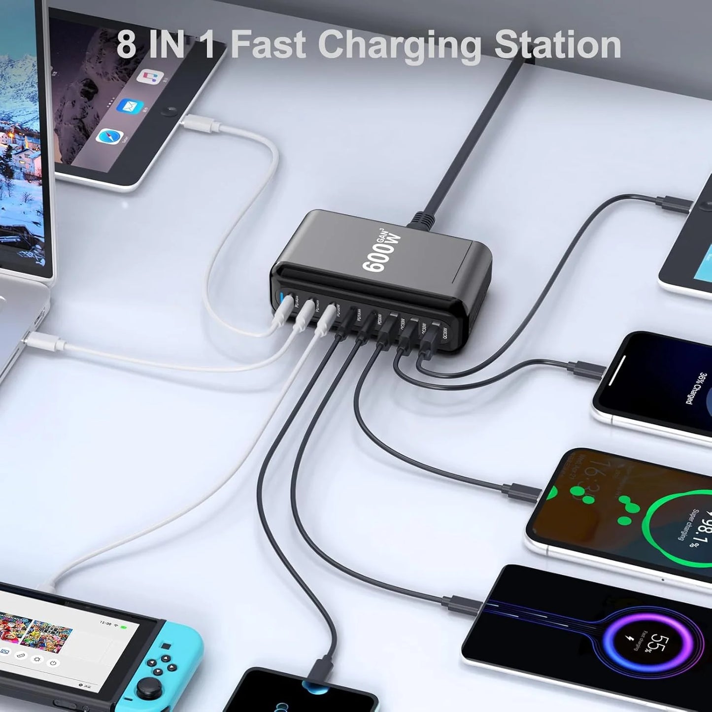 600W USB C Charger 100W USB C Charger Block, GaN III 8-Port Fast Charging Station Hub,PD 3.1 140W Laptop Charger Adapter