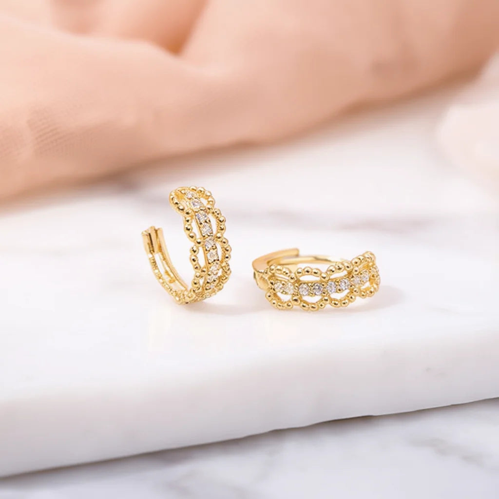 Golden Huggie Earrings With Crystal Channel Setting For Women Fashion Geometric Everyday Wear 18K Gold Plated Zinc Alloy