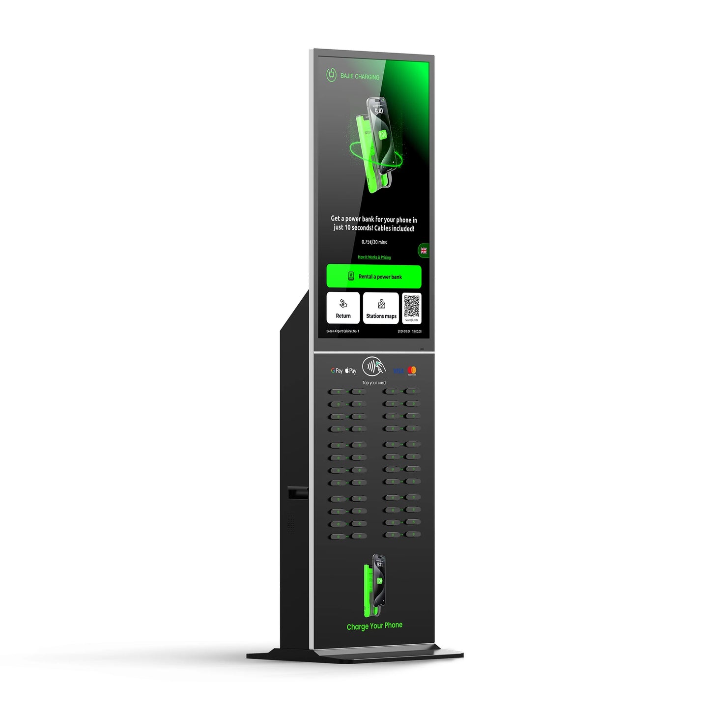 Commercial 48-Slot Mobile Phone Charging Station Vending Machine 43-Inch Touch Screen NFC Power Bank Rental for Public Spaces