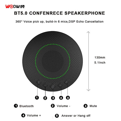 Portable Wireless USB Conference Speakerphone with 360 Voice Pickup Microphone Video Conference System for Medium-sized Rooms