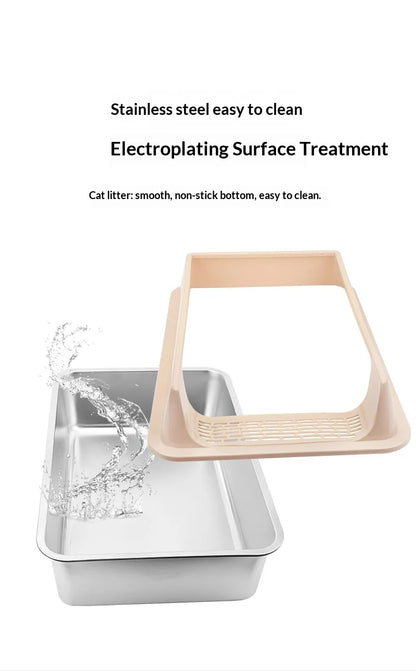 Stainless Steel Semi-closed Rectangular Cat Litter Box with Top-in Lid Anti-splash High Fence Pet Cleaning