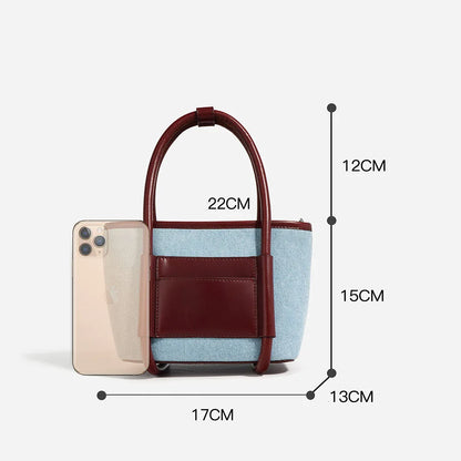 Genuine Leather and Denim Tone Bucket Bag Blue Wine Red Contrast Color Handbag Top Zipper Closure Multi Pocket Purse for Daily