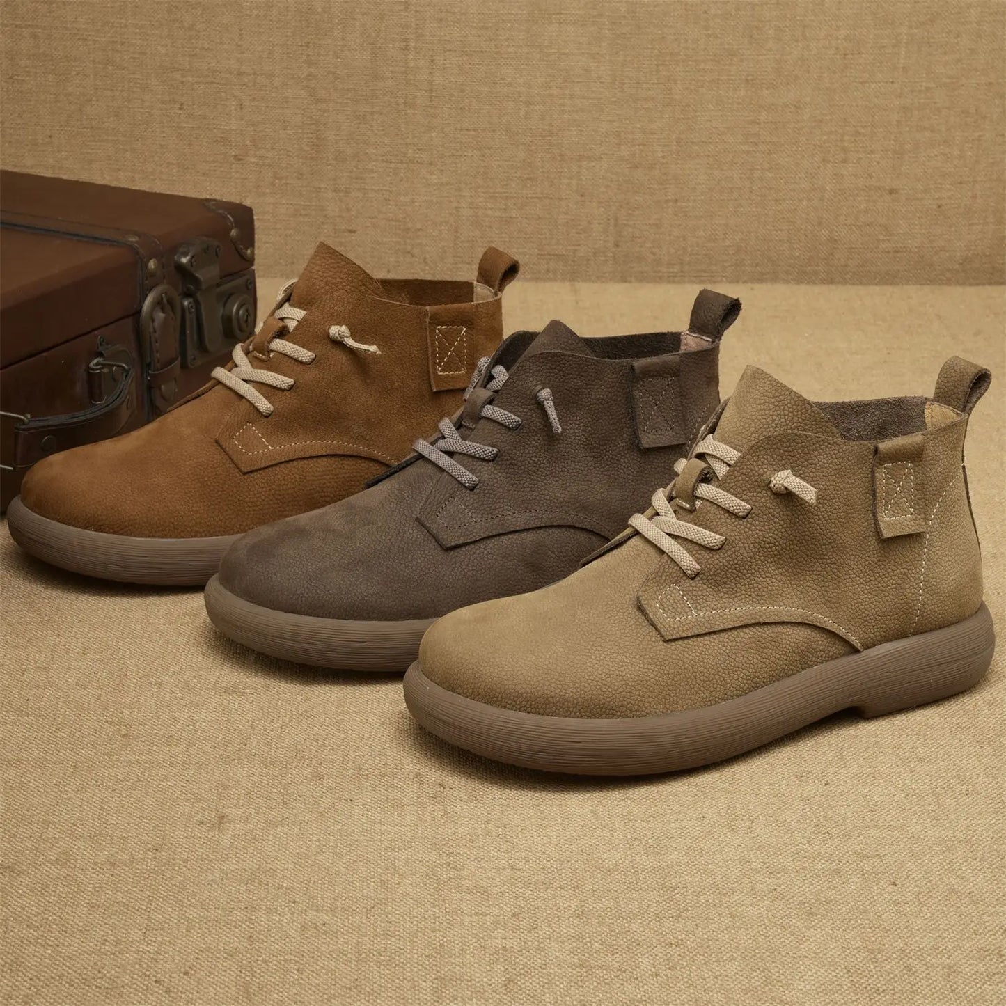 Men's Genuine Cow Leather Lace-up Round Toe Solid Walking Shoes Lightweight Outdoor Casual Style Rubber Outsole