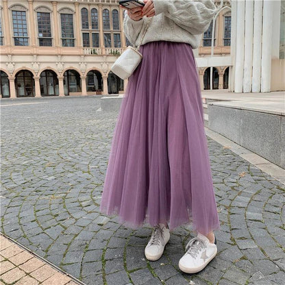 TingYiLi Elegant Tulle Skirt Autumn Winter Big Swing Women Skirt Korean Cute Pink Green Gray Blue Brown Black Long Skirt Tutu