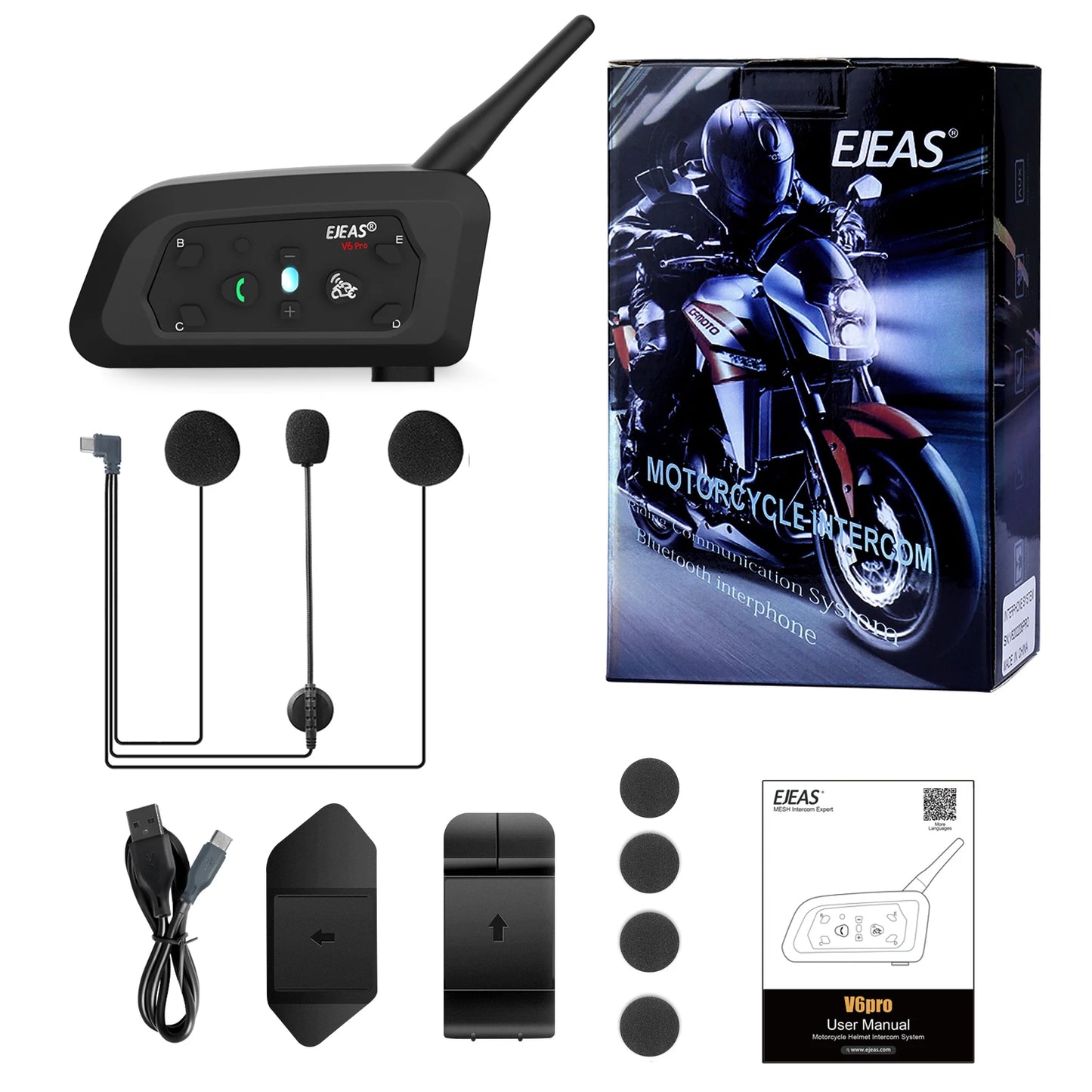 EJEAS V6 Pro Bluetooth Motorcycle Communicator Helmet Intercom Moto Headset With Mic 1200m  for 6 Riders