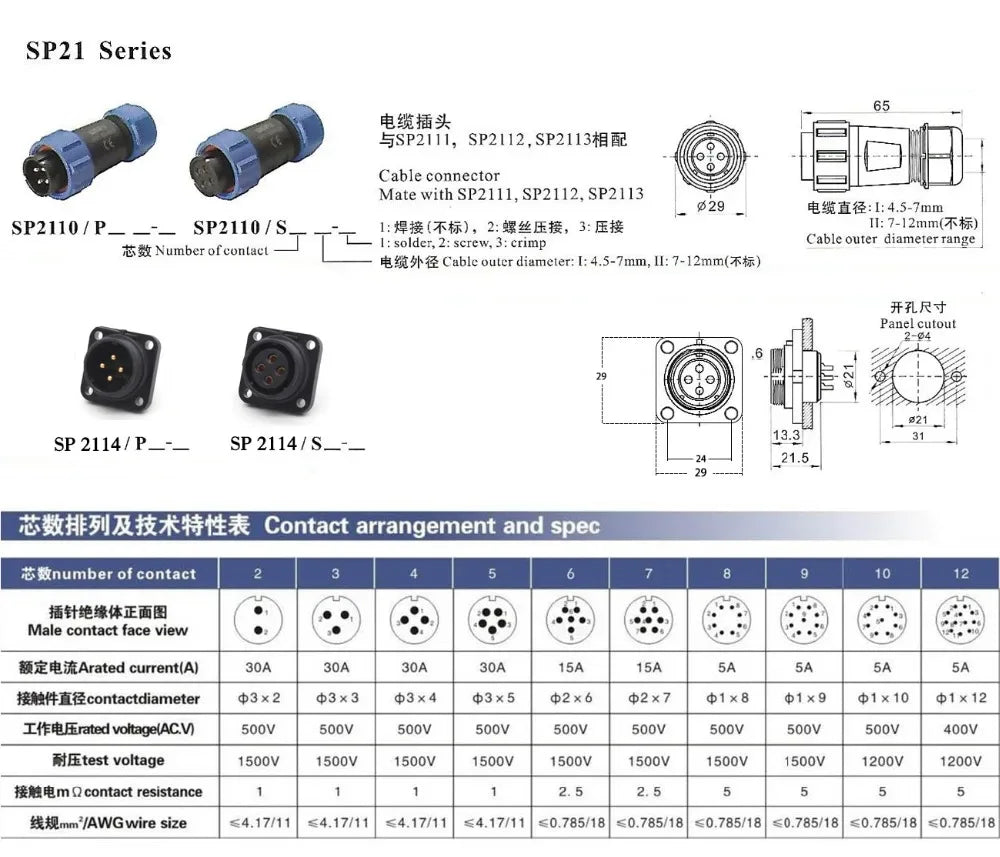 SP21 2/3/4/5/6/7/8/9/10/12 Pin IP68 Waterproof Connector Square Plastic Panel Mounting Connector Plug Female And Socket Male