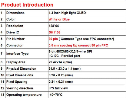 1.3 inch OLED Screen 1.3" 12864 LCD LED Display Module 128x64 SH1106 SPI/I2C Parallel Interface White/Blue 16Pin/30Pin Connector
