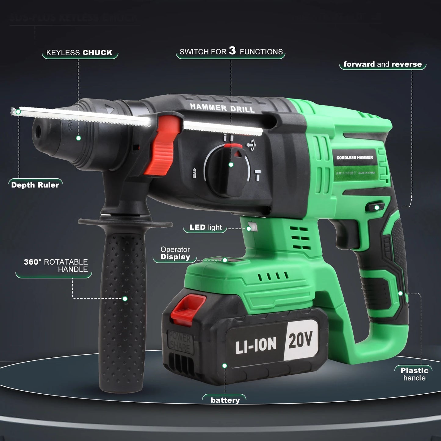 Local US Warehouse 20V Cordless Rotary Hammer Drill Electric with SDS Plus Bit DIY Demolition Drilling Battery Powered