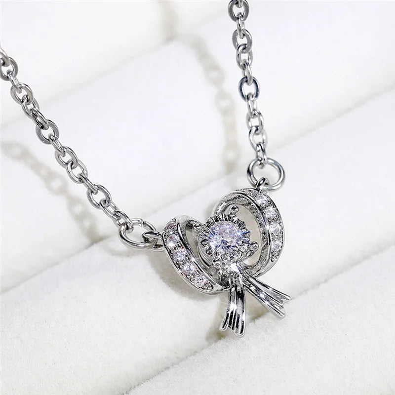 XL283 Cute Bowknot Pendant Necklace 925 Silver Gold Plated White Gold Crystal Rhinestone Claw Setting Box Chain Unisex Everyday