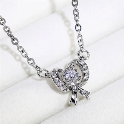 XL283 Cute Bowknot Pendant Necklace 925 Silver Gold Plated White Gold Crystal Rhinestone Claw Setting Box Chain Unisex Everyday