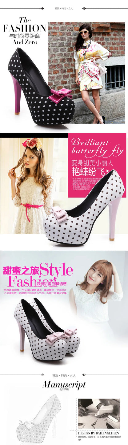 Voesnees New Sweet Bow Stiletto Pumps Polka Dot Pattern Comfortable Waterproof Platform Women Shoes 12CM High-Heel Single Shoes