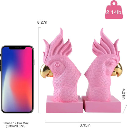 Pink Parrot Decorative Bookends Set of 2 Cute Bird Animal Sculpture Book Ends Resin Statues Book Stopper for Home Decor