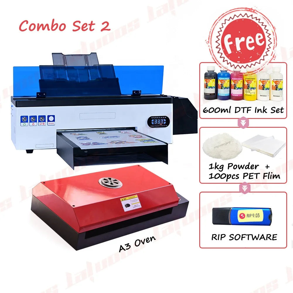 A3size Dtf Printer R1390  with Oven Machine  with 100pcs  A3size Film with 600ml DTF Ink with 1kg Powder