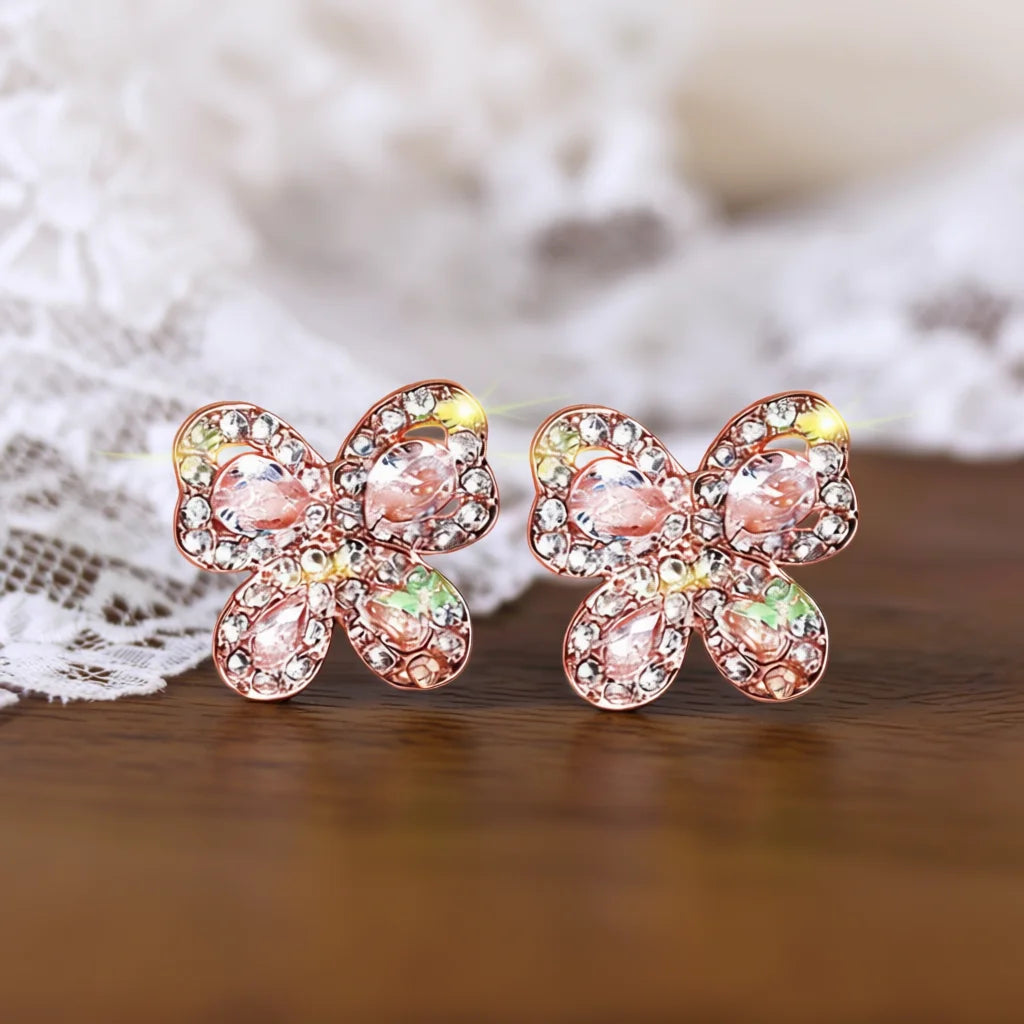 Rose Gold Flower Crystal Earrings Women's Romantic Party Jewelry Circling Setting White