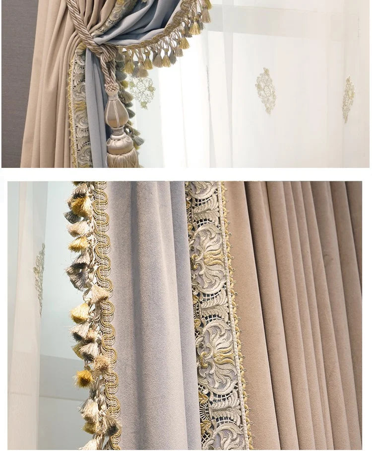 2025 Custom Curtain New Modern Luxury European Thick Velvet Embroidery Yarn Cloth Blackout Curtain for Living Room Bedroom