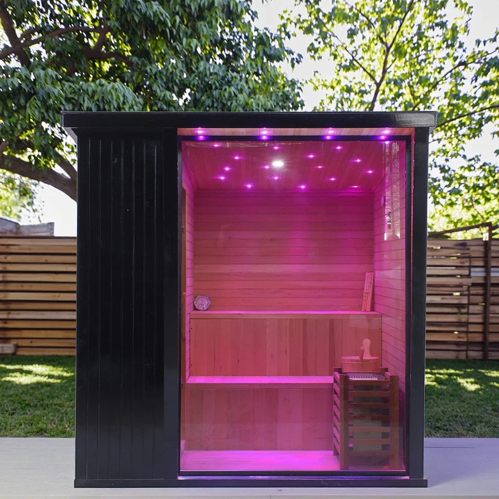 New Stocks in USA Modern Design Black Outdoor Dry Steam Red Cedar Electric Sauna with 8mm Glass