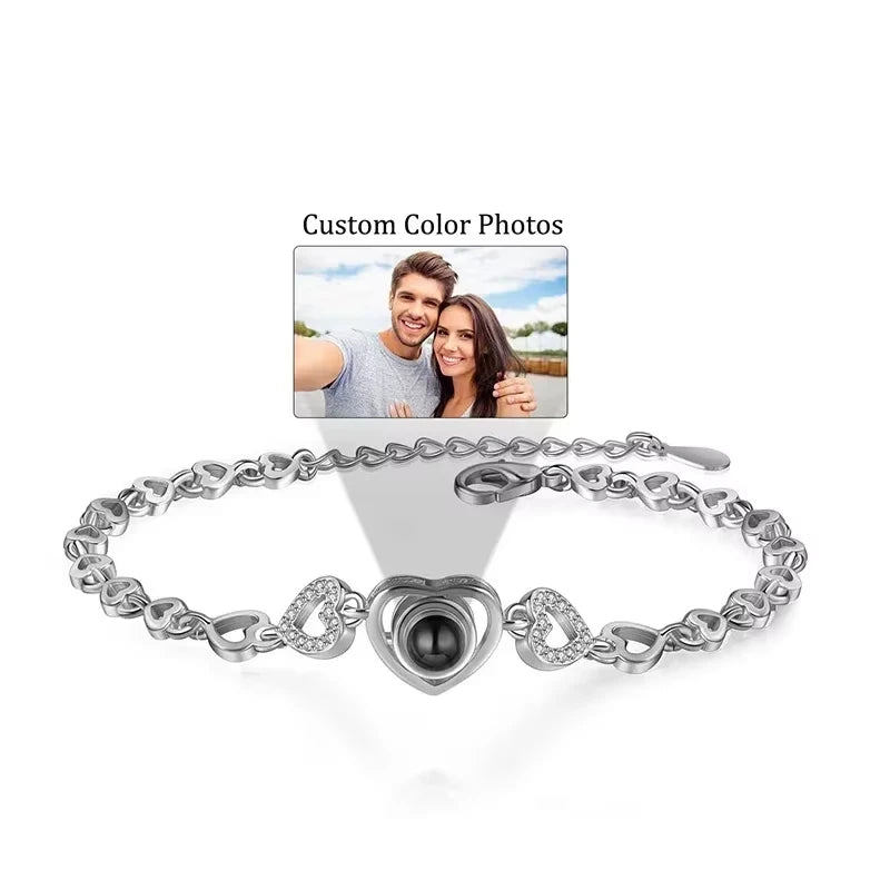 Dropship Jewelry Personalized Custom Photo Projection Heart-shaped Bracelet Titanium Steel Gold Plated Zircon Bracelet