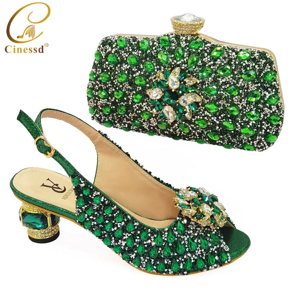 Ladies Italian Shoes and Bag Set Decorated with Rhinestone Matching Shoes and Bag Set In Heels Women Comfy Platform Sandal Shoes