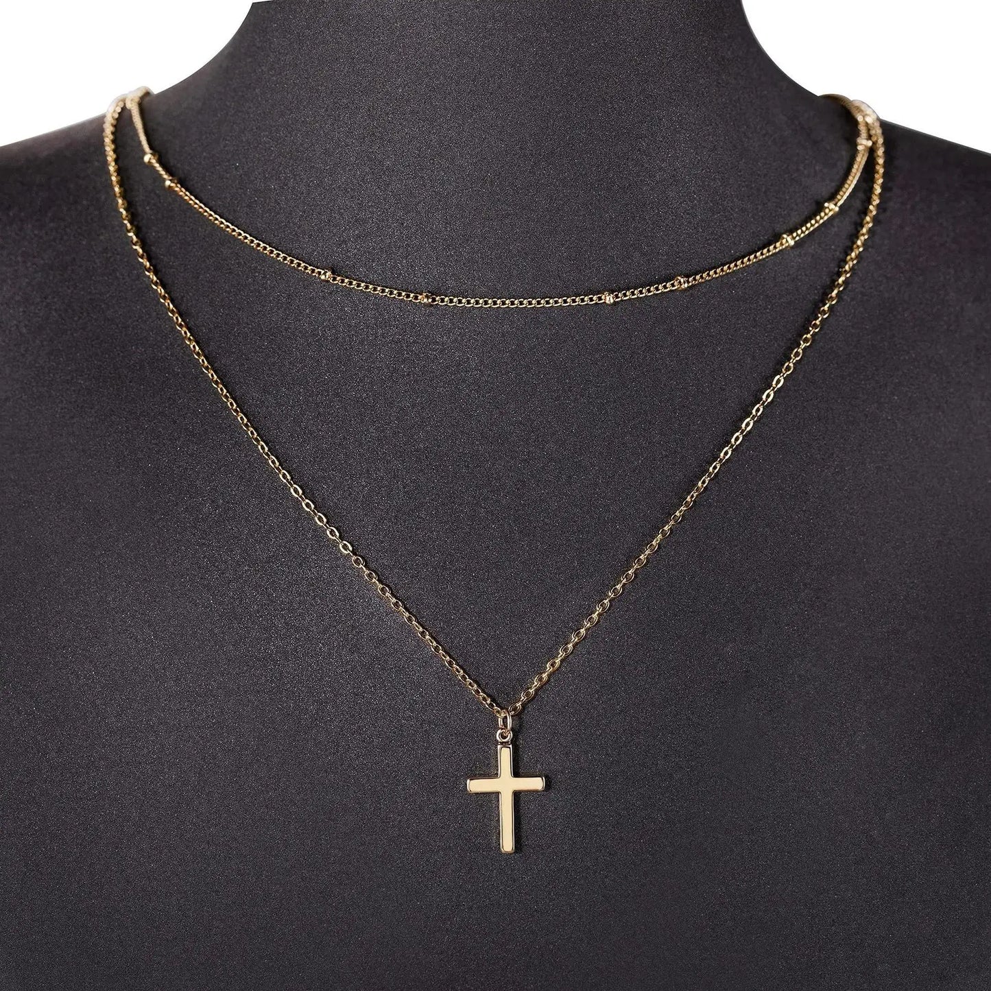 Simple Stainless Steel Cross Chain Clip Bead Necklace Stainless Steel Double Layer Cross Multi-Layer Necklace Women