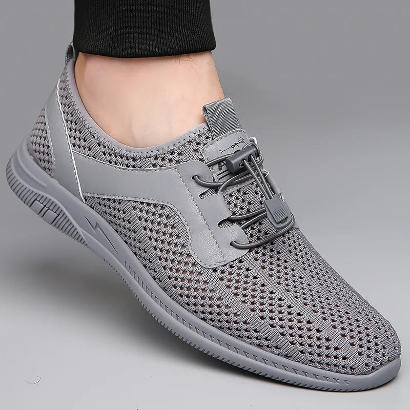 Men Summer Fly Knit Mesh Slip-On Casual Shoes Round Toe Breathable Lightweight Rubber Sole Solid Shoe Tongue Logo