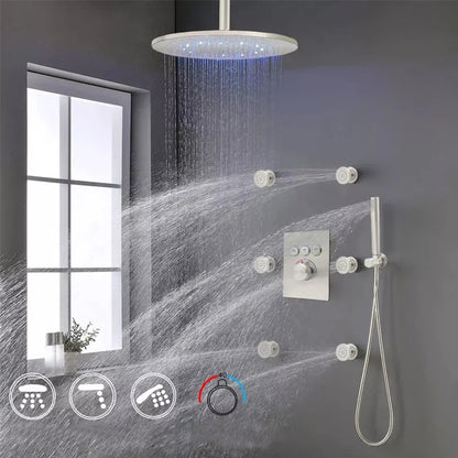 12-Inch Brushed Chrome LED Rain Shower Head System Thermostatic Mixer Single Handle Contemporary Brass Design Hotels Massage Jet