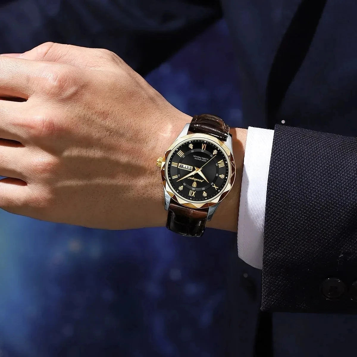 POEDAGAR Watches for Men Classic Luxury Week Display Sports Quartz Watch Mens Waterproof Leather Band Date Wristwatches Male
