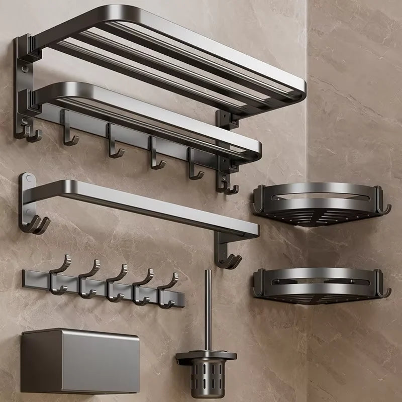 Modern Gun Grey Aluminum Bath Towel Rack Integrated Hanger Toilet Six-Piece Bathroom Accessories Set