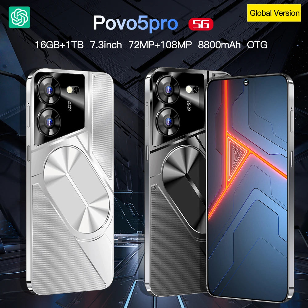 New Product 7.3 Inch 16GB+1TB 6800 MAh 5G Smartphone t Echno Phone Original Povo 5 Pro Mobile Phone Android 13.0 Telephone